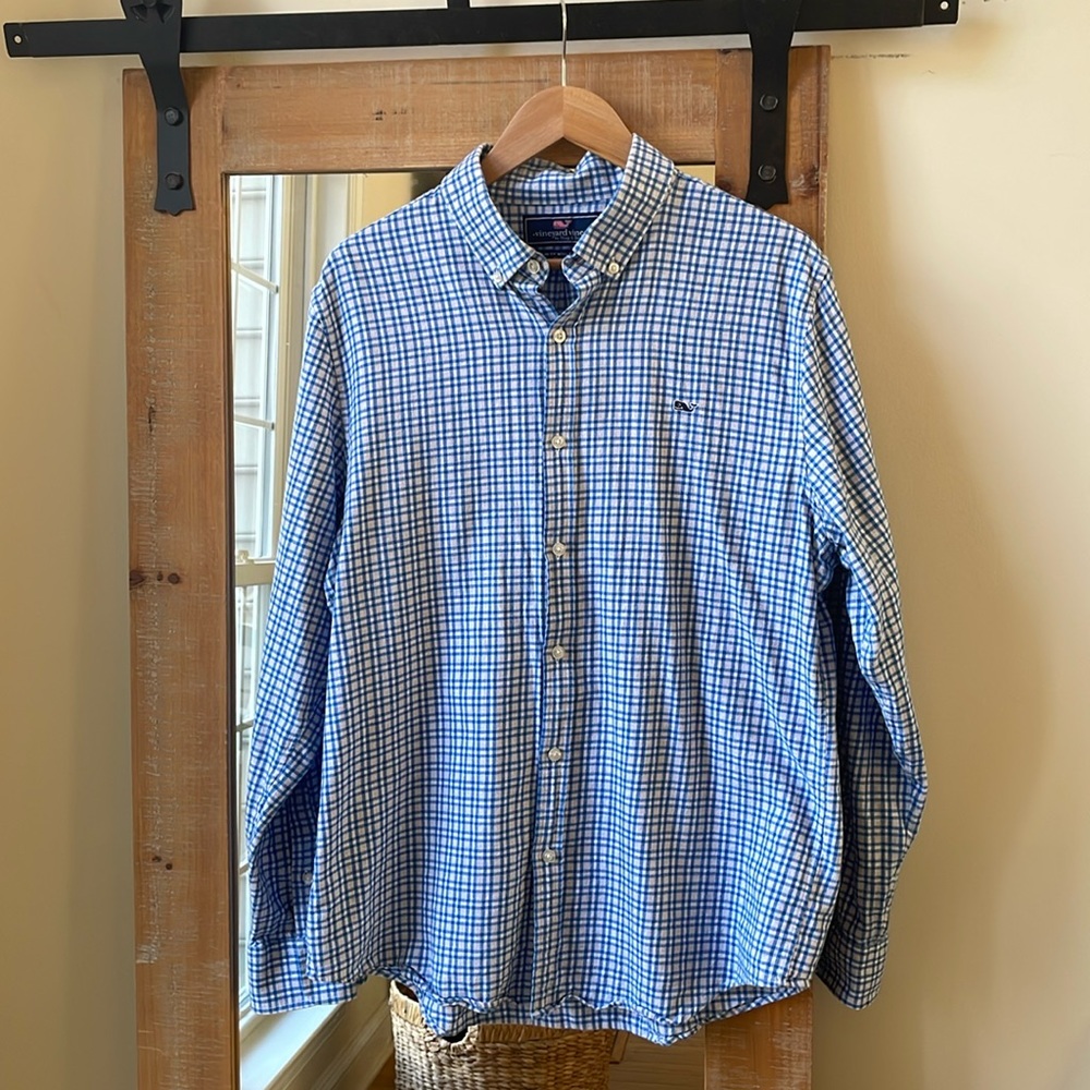Vineyard Vines Slim Fit Blue Plaid Whale Shirt Size L